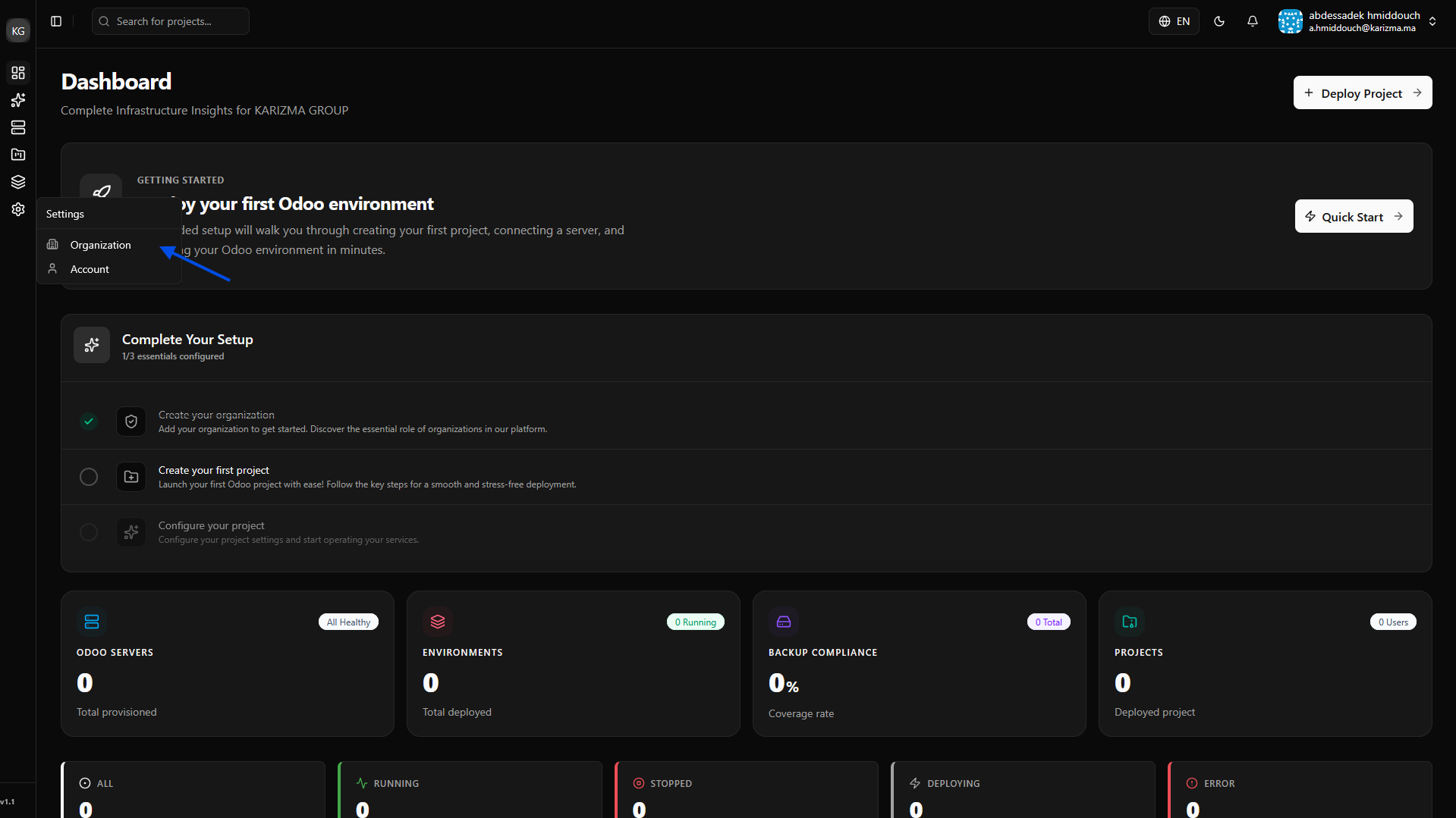 Organization Settings Menu