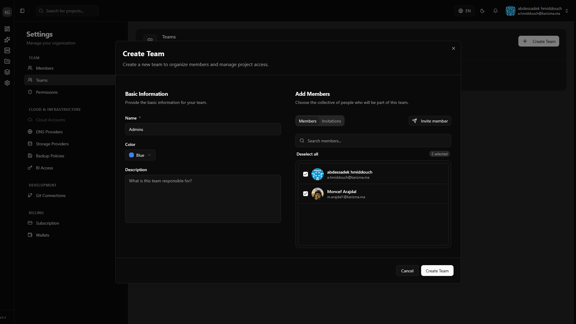 Create Team Dialog