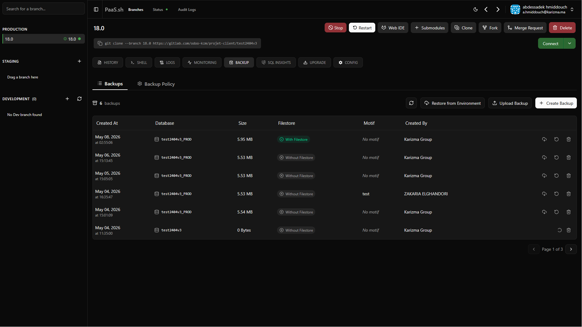 Advanced Dashboard Backup List