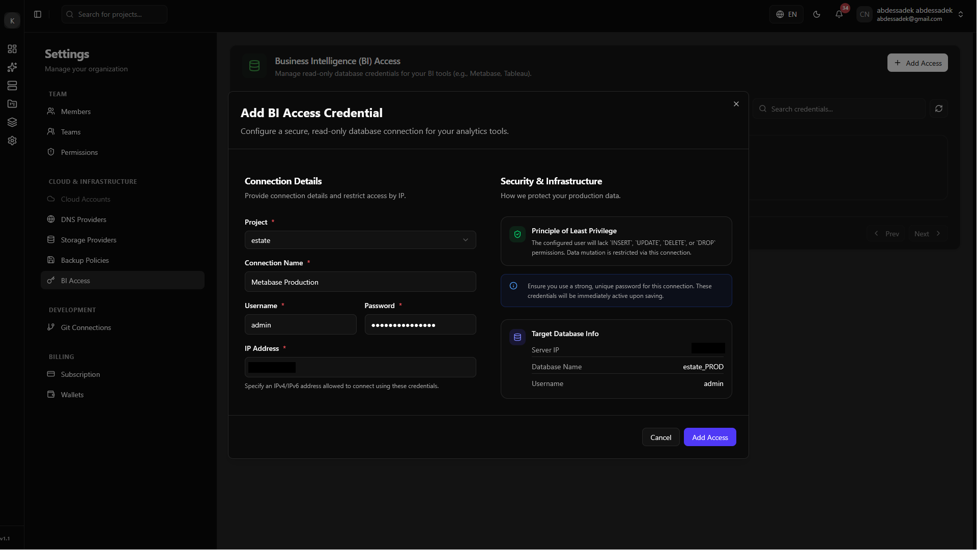 Fill BI Access Information